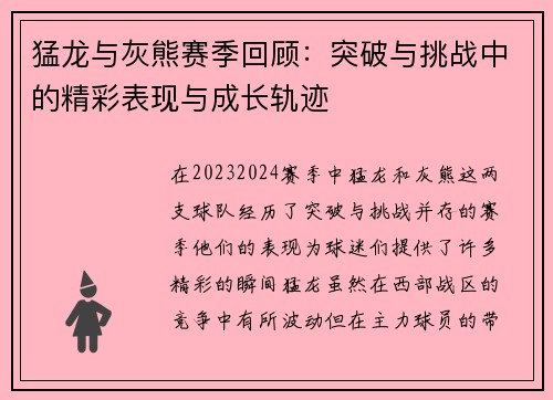 猛龙与灰熊赛季回顾：突破与挑战中的精彩表现与成长轨迹